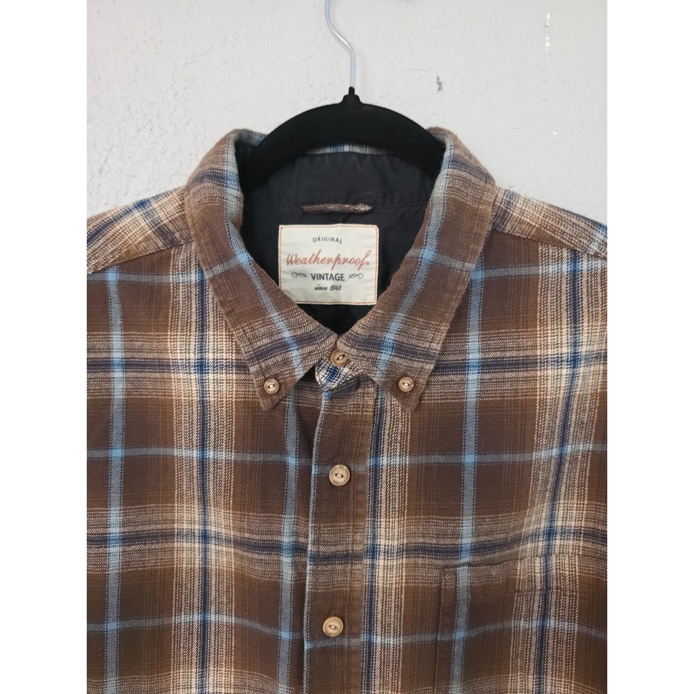 Weatherproof Vintage Mens Brown Blue Plaid Flannel Button Down Shirt - Picture 7 of 9